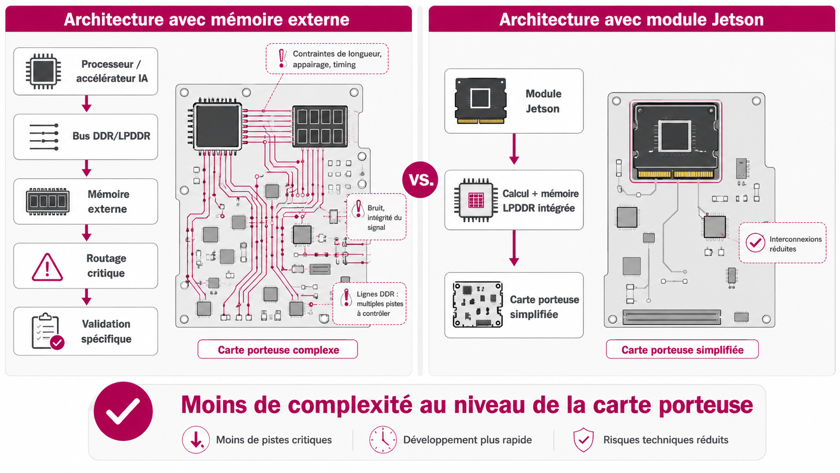 Schéma comparatif entre une architecture avec mémoire externe et une architecture avec module Jetson à mémoire intégrée